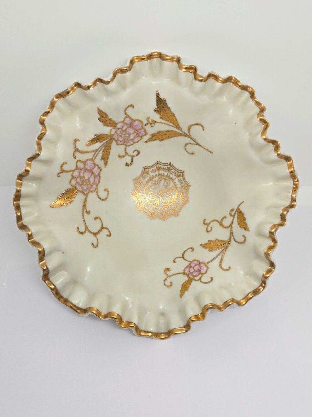 Arnart Creations Pedestal Porcelain Bowl, Hand Painted Pink - Gold Flowers 1950s